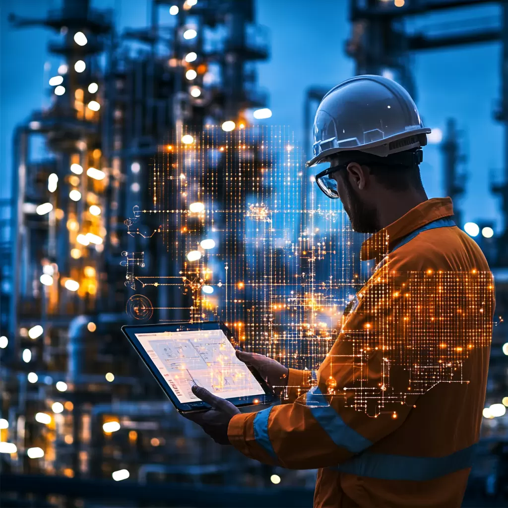 Engineer reviewing data on a tablet at an industrial plant at night.